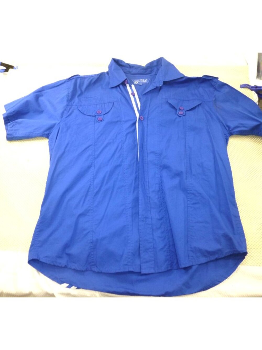 Evolution In Design Blue Button-Up Shirt 2XL‎ With Pocket Flaps & Striped Trim